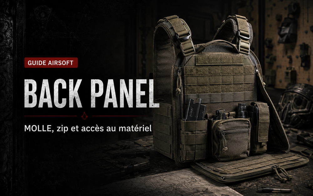 Back panel de plate carrier Airsoft : MOLLE, zip et accès au matériel