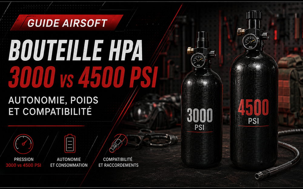 Guide Airsoft : bouteille HPA 3000 vs 4500 PSI, autonomie, poids et compatibilité