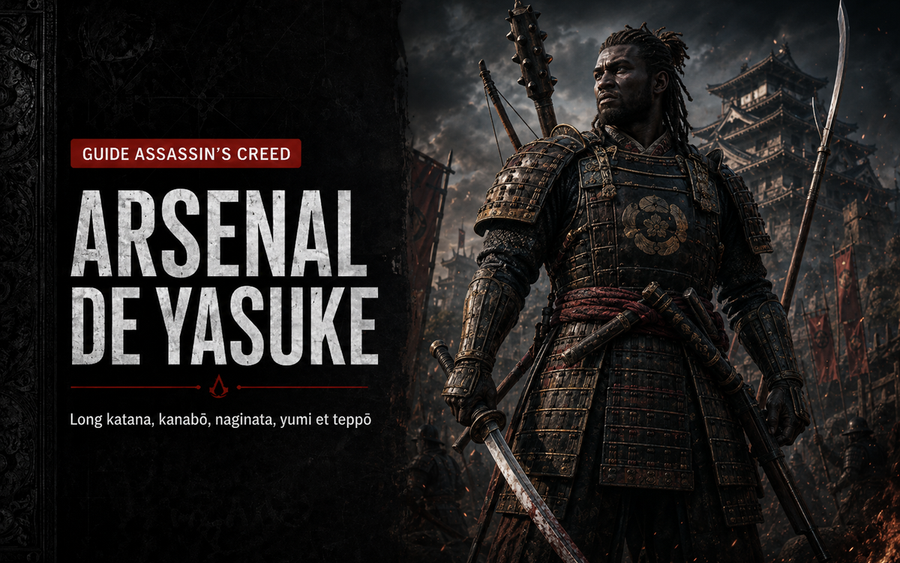 Arsenal de Yasuke dans Assassin’s Creed Shadows : long katana, kanabō, naginata, yumi et teppō