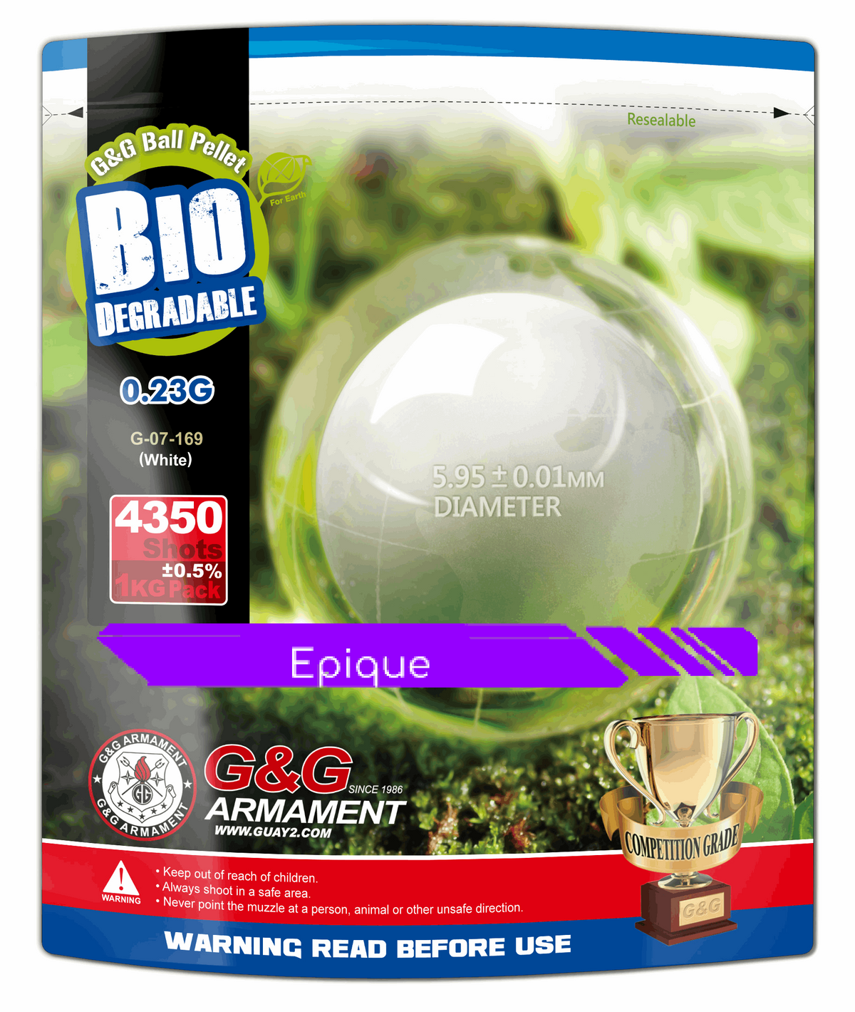 Billes Airsoft BIO 0,23 g blanches – Sachet 1 kg G&G — composant du pack AW
