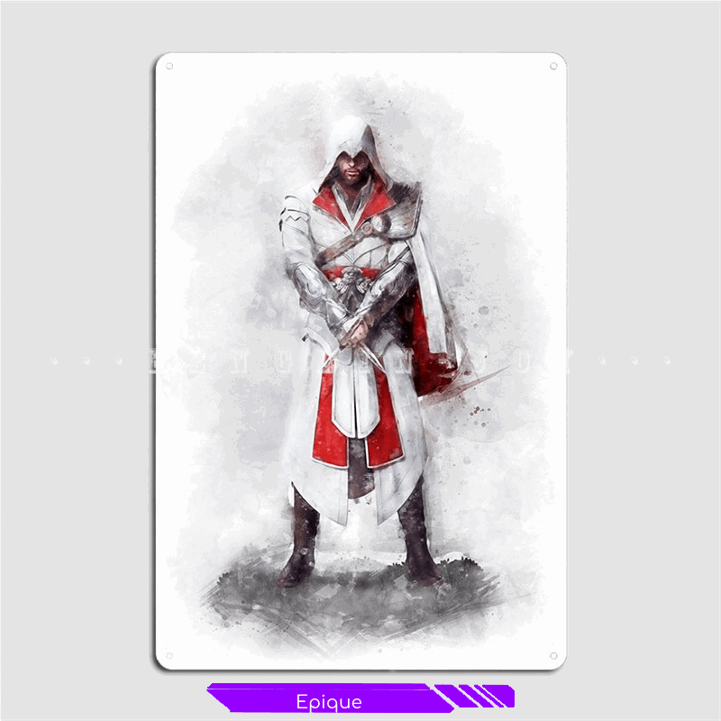 Plaque métal Ezio Auditore – Assassin’s Creed Brotherhood, exemplaire 40 × 30 cm abîmé sur le coin supérieur gauche
