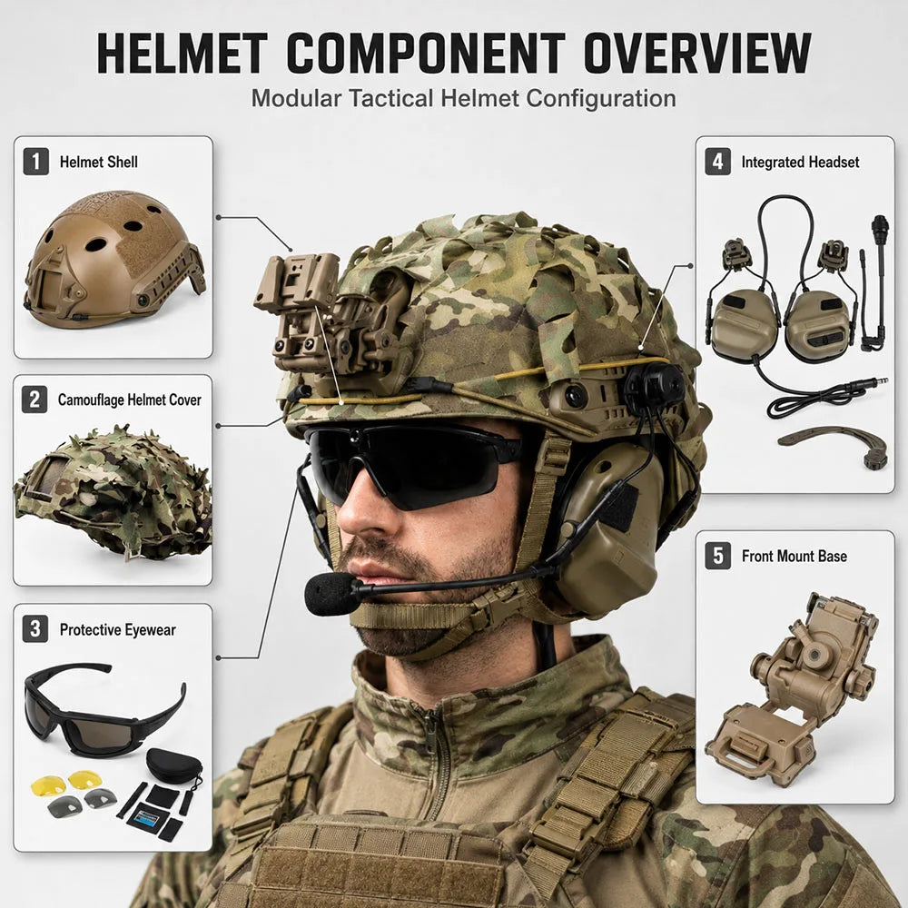 Ensemble Airsoft camouflage avec gilet et casque – plusieurs configurations