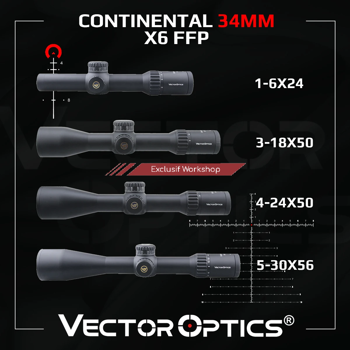 Lunette de visée Continental 34mm FFP 1-6x28 / 3-18x50 / 4-24x56 / 5-30x56 - Vector Optics