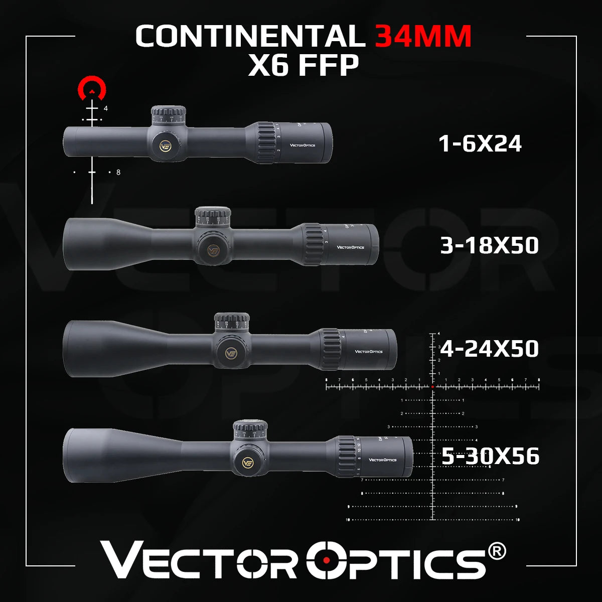 Lunette de visée Continental 34mm FFP 1-6x28 / 3-18x50 / 4-24x56 / 5-30x56 - Vector Optics