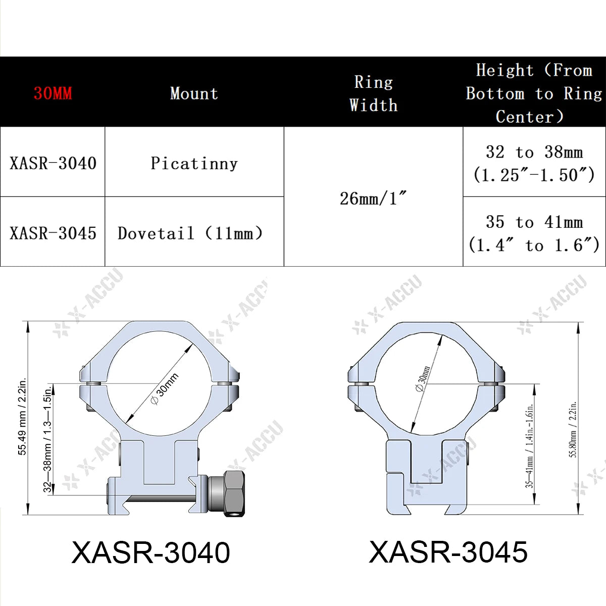Paires d'Anneaux de portée réglables Max 6mm / 40MOA - X-ACCU - Vector Optics
