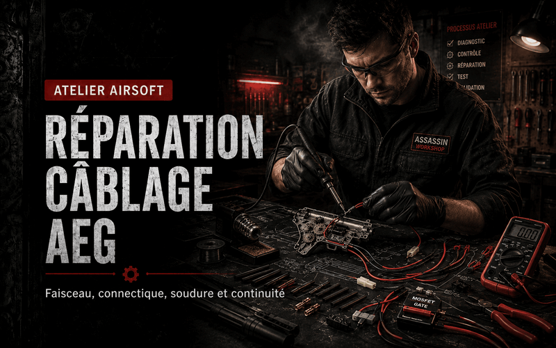 Réfection câblage AEG Airsoft – connecteurs, soudures, gaine et contrôle électrique